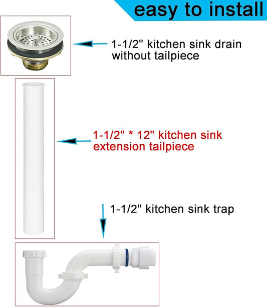 (1 Pack) Yariwiz White Sink Drain Extension Tailpiece 1 1/2 Inch x 12 inch Length for Kitchen Sink Drain Pipe Tubular KSD-006W