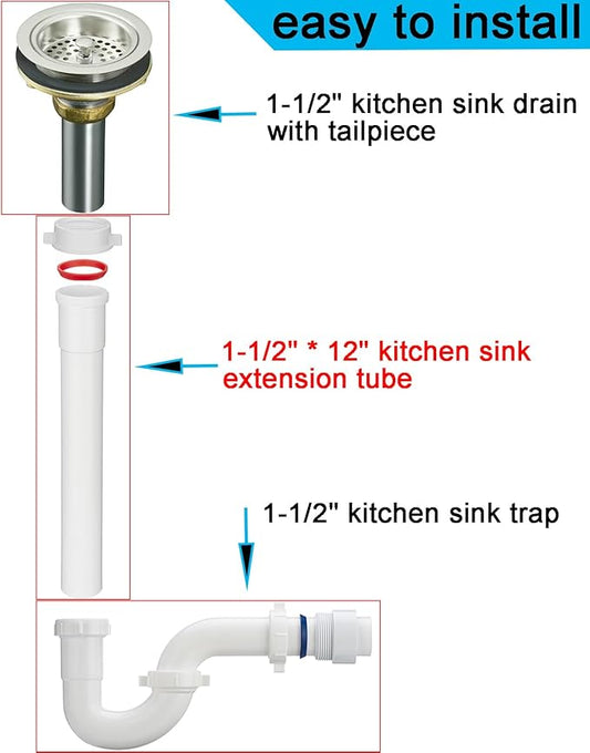 (1 Pack) Yariwiz White Sink Drain Extension Thread Pipe1 1/2 Inch x 12 inch Length for Kitchen Sink Drain Pipe Tubular KSD-005W