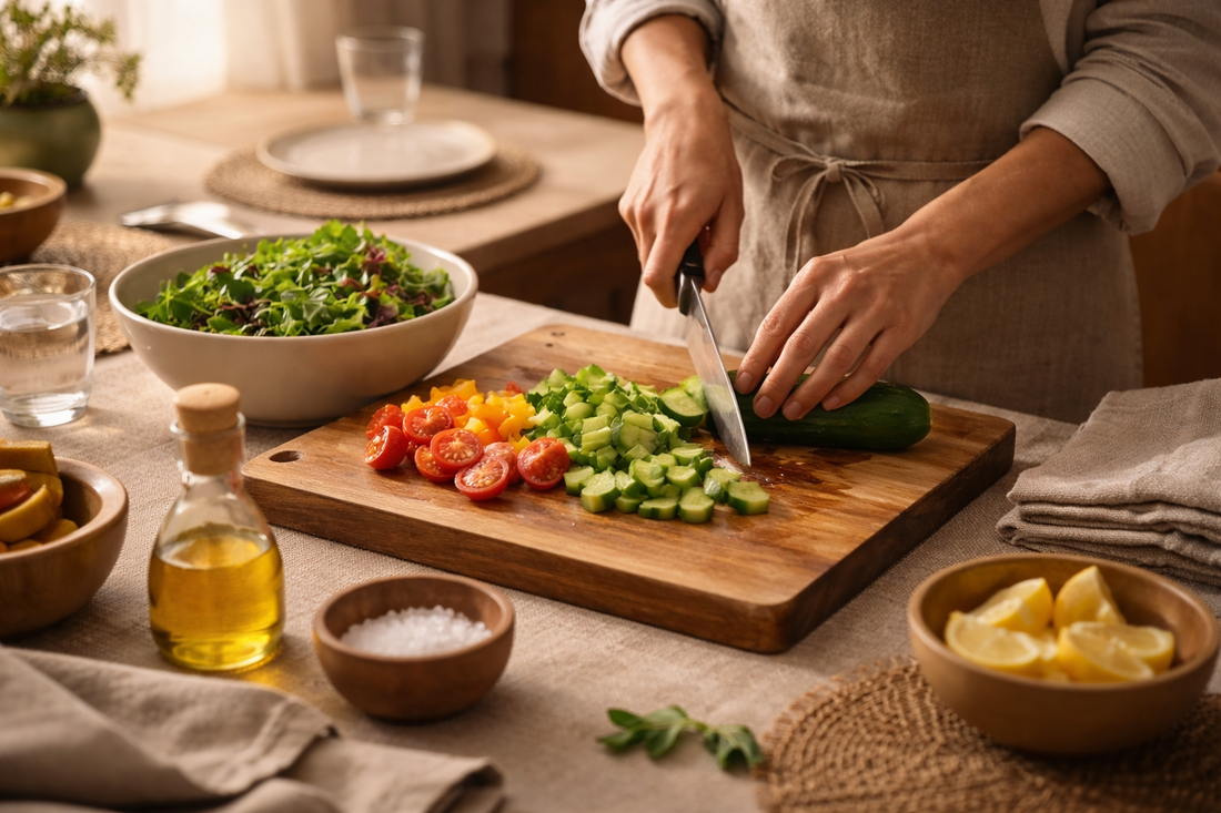 Hands preparing fresh vegetables on a wooden cutting board in a calm home kitchen, illustrating how thoughtful meal preparation shapes a relaxed dining experience.